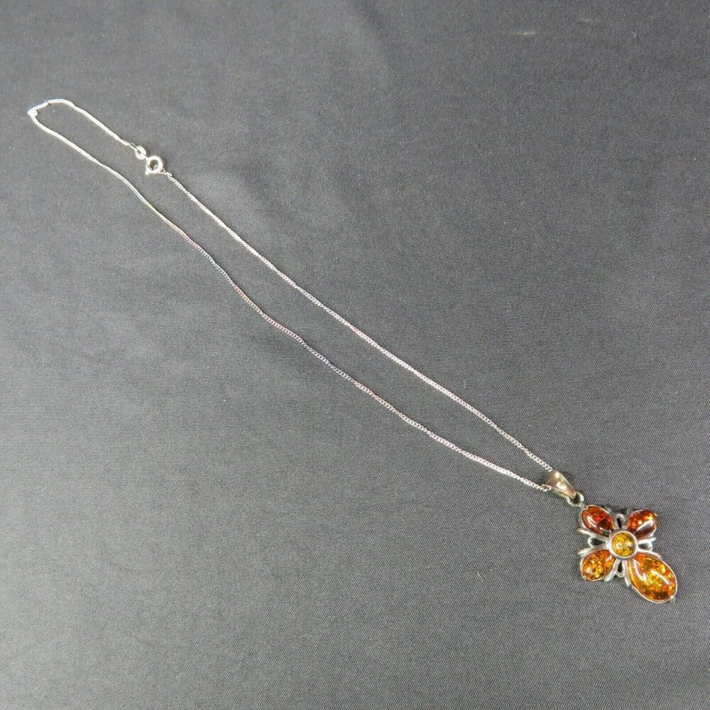 Sterling Silver and Amber Cross Pendant Necklace 925 Poland 17.5 in Chain - Picture 5 of 5
